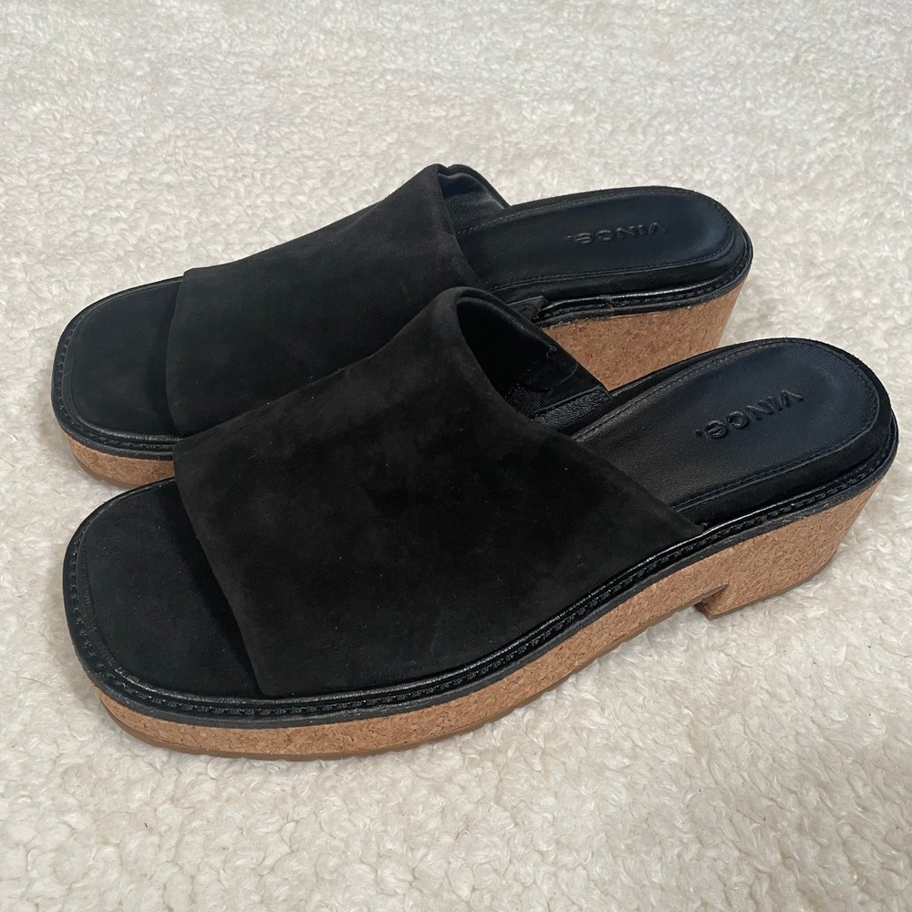 Vince Maddy-B Black Suede Cork Platform Slide Sandals Square Toe Neutral 8 - Picture 3 of 8